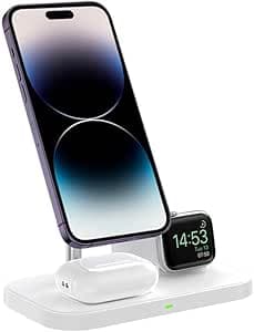 MR. GADGETS Soporte de Carga Inalambrica 3 en 1, Estación de Carga 15W, Wireless Charger Tecnología Qi Base Cargadora Magnetica Charging Stand de Escritori, para Smartphone/Airpods/Watch (Blanco)