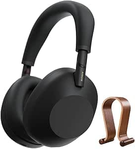 Sony WH-1000XM6/B - Auriculares inalámbricos con cancelación de ruido, color negro, con soporte de visualización de madera para auriculares, soporte seguro para mesa o soporte para auriculares para