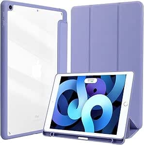 Funda para iPad 10.2Funda híbrida delgada para iPad de 9ª/8ª/7ª generación (2021/2020/2019),Funda tableta soporte a prueba golpes con Pencil Poseedor,carcasa trasera transparente, encendido automático