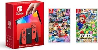 Consola Nintendo Switch - OLED 64Gb Modelo: Mario Red Edition (Versión Internacional) + juegos fisicos de Mario Kart 8 Deluxe y Mario Party Superstars