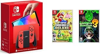 Consola Nintendo Switch - OLED 64Gb Modelo: Mario Red Edition (Versión Internacional) + juegos fisicos de Super Mario Deluxe y Luigi's Mansion 3