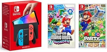 Consola Nintendo Switch - OLED 64Gb Neon (Versión Internacional) + juegos fisicos de Super Mario Bros Wonder y Mario Party Superstars