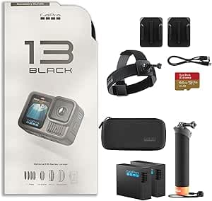 GoPro Hero13 - Cámara de acción impermeable negra de 27 MP, paquete de accesorios especiales | Video ultra HD 5.3K60 con manejador, 2 baterías Enduro de 1900 mAh, tarjeta de memoria microSDXC de 64 GB