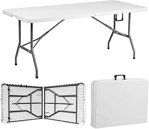 Raganet, Mesa Plegable de Plastico, en Forma Rectangular, 180 Centimetros de Largo, Plástico Resistente para Interiores y Exteriores, Color Blanco