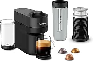 Nespresso Cafetera Vertuo Pop, Color Black, con Espumador de leche, con Termo Smokey Blue de Regalo