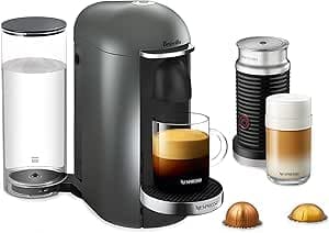 Nespresso Vertuo Plus Deluxe Cafetera y Espresso de Breville, Titan con espumador de leche Aeroccino