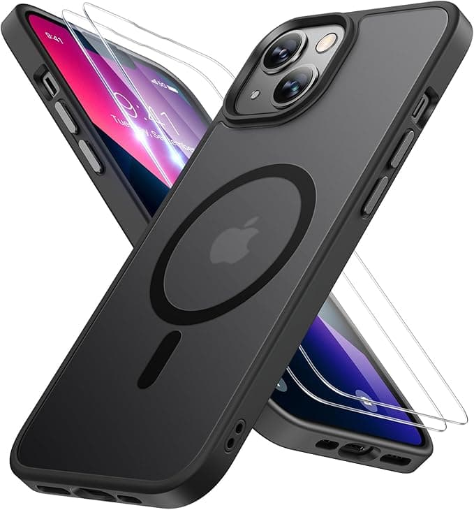 Miracase - Funda para iPhone 13 con 2 protectores de pantalla para iPhone 13 de 6.1 pulgadas, antihuellas, translúcido, mate, a prueba de golpes, para iPhone 13 de 6.1 pulgadas, color negro carbón