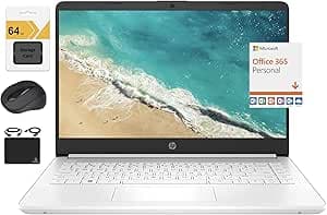 HP 2023 Nuevo portátil ultrafino de 14 pulgadas HD ultral ligero, procesador Intel Celeron de cuatro núcleos, 4 GB de RAM, 128 GB (64 GB eMMC+ 64 GB SD), Wi-Fi, hasta 11 horas, Windows 11 S + 1 año