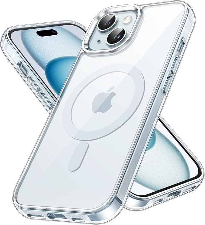 JETech Funda Magnética para iPhone 15 6.1 Pulgadas, Compatible con MagSafe Carga Inalámbrica, Carcasa Bumper Teléfono Antigolpes, Parte Trasera Transparente Anti-Arañazos (Transparente/Azul)