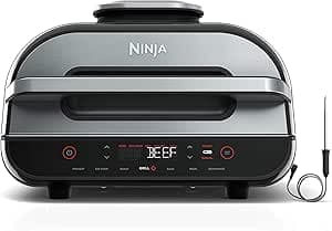 Ninja FG551 Foodi Smart XL 6-in-1 Indoor Grill with 4-Quart Air Fryer Roast Bake Dehydrate Broil and Leave-in Thermometer, with Extra Large Capacity, and a stainless steel Finish