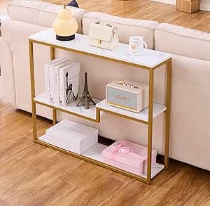 loglus - Mesa consola para entrada, mesa de sofá de MDF de mármol sintético con marco dorado (de revestimiento múltiple, mármol blanco)
